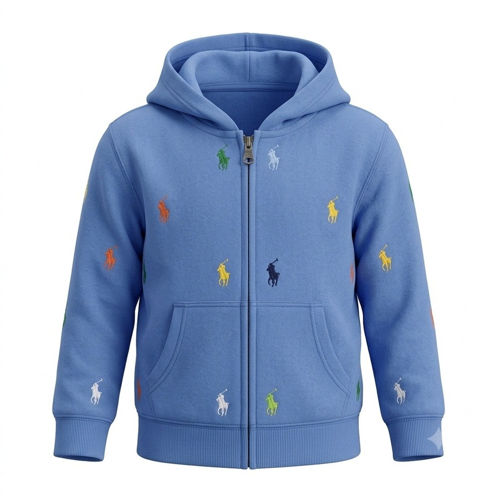 Polo Ralph Lauren Toddler Blue Allover Multi Pony Embroidered Zip Hoodie 18M